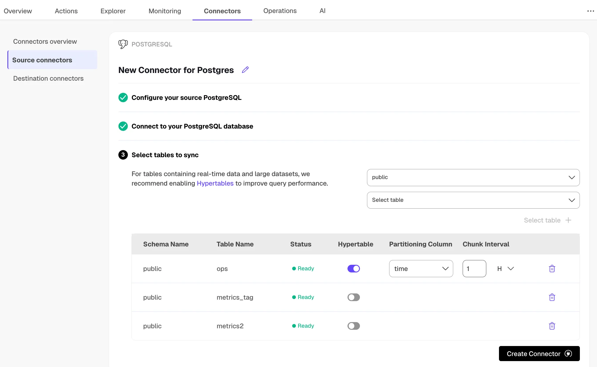 Starting the PostgreSQL connector in Tiger Console