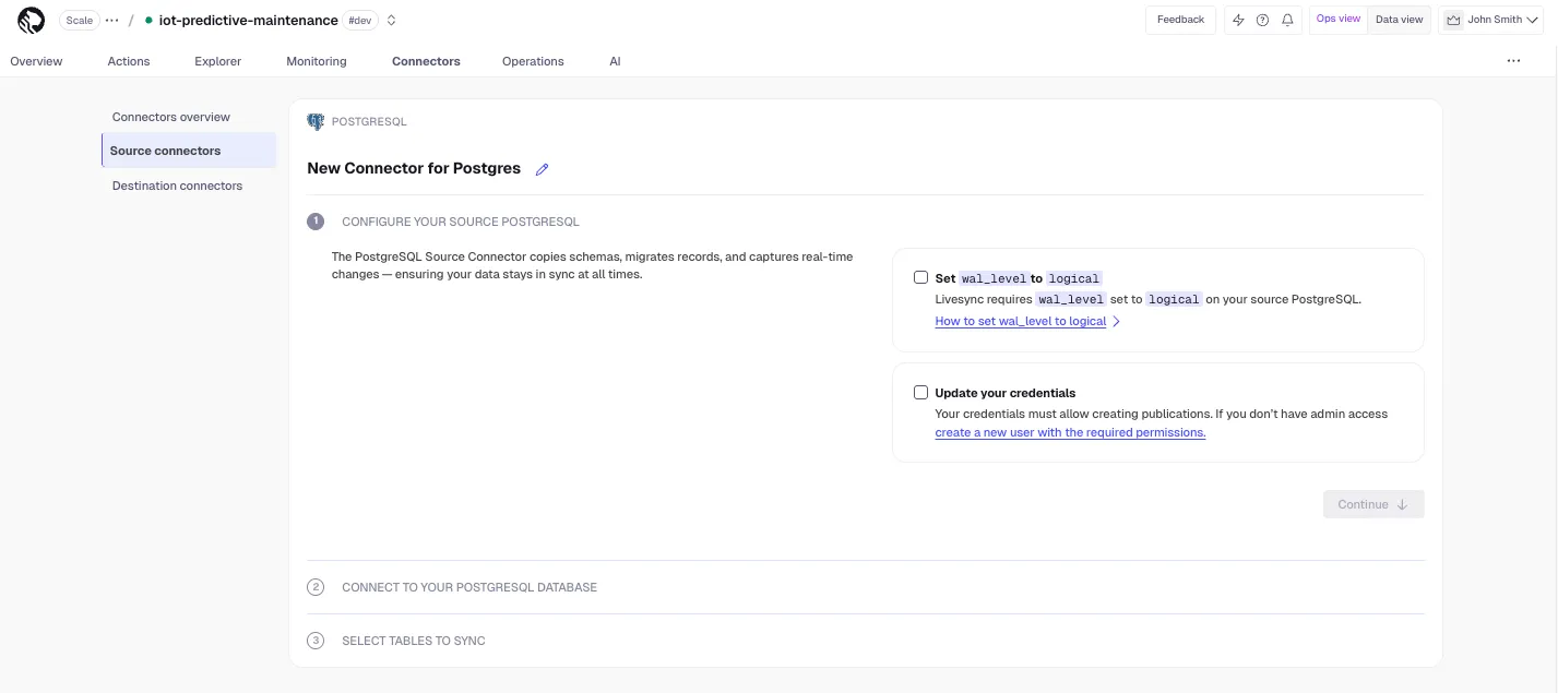 PostgreSQL connector wizard in Tiger Console