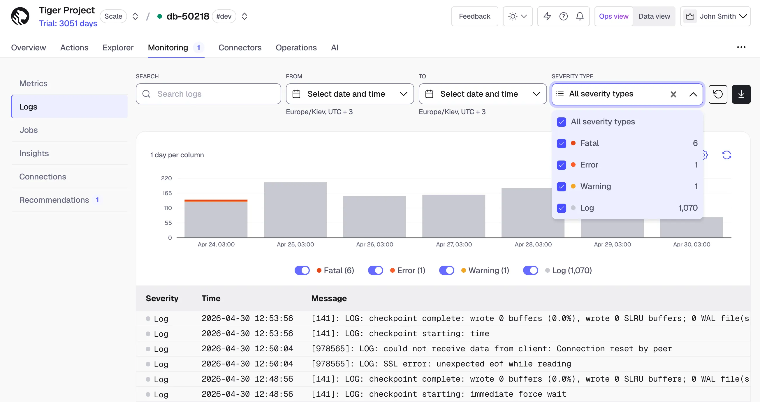 Redesigned Logs page in Tiger Console with search, severity filters, and histogram view